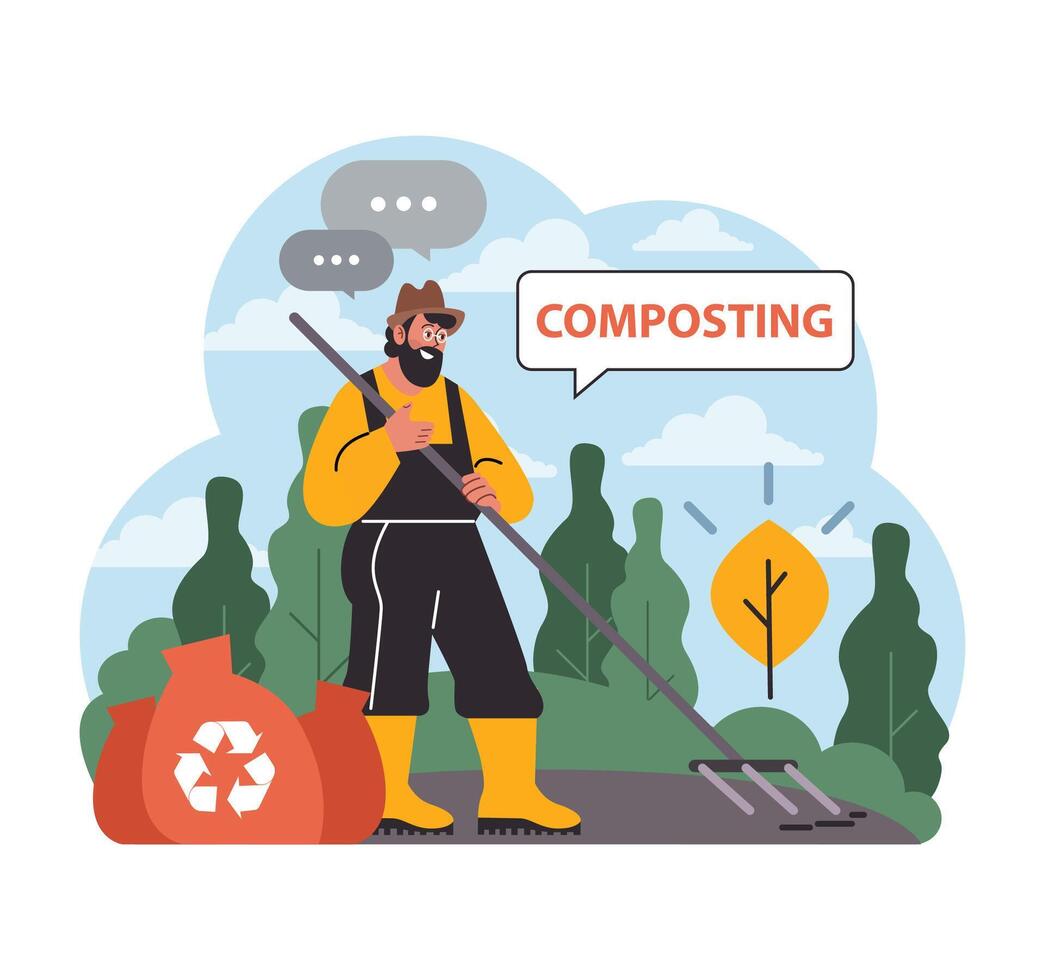 Gardener promotes composting. Flat vector illustration