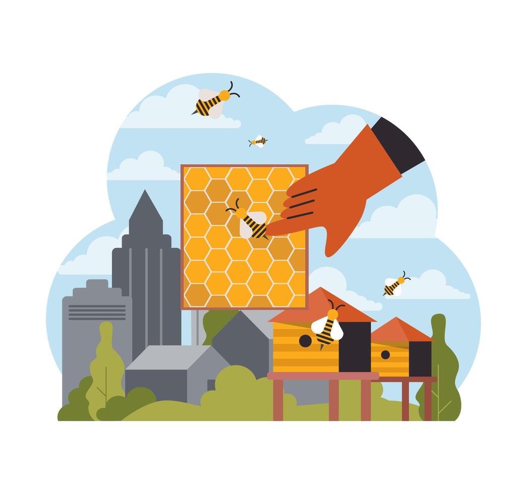 Hand extracts honeycomb in city setting. Flat vector illustration
