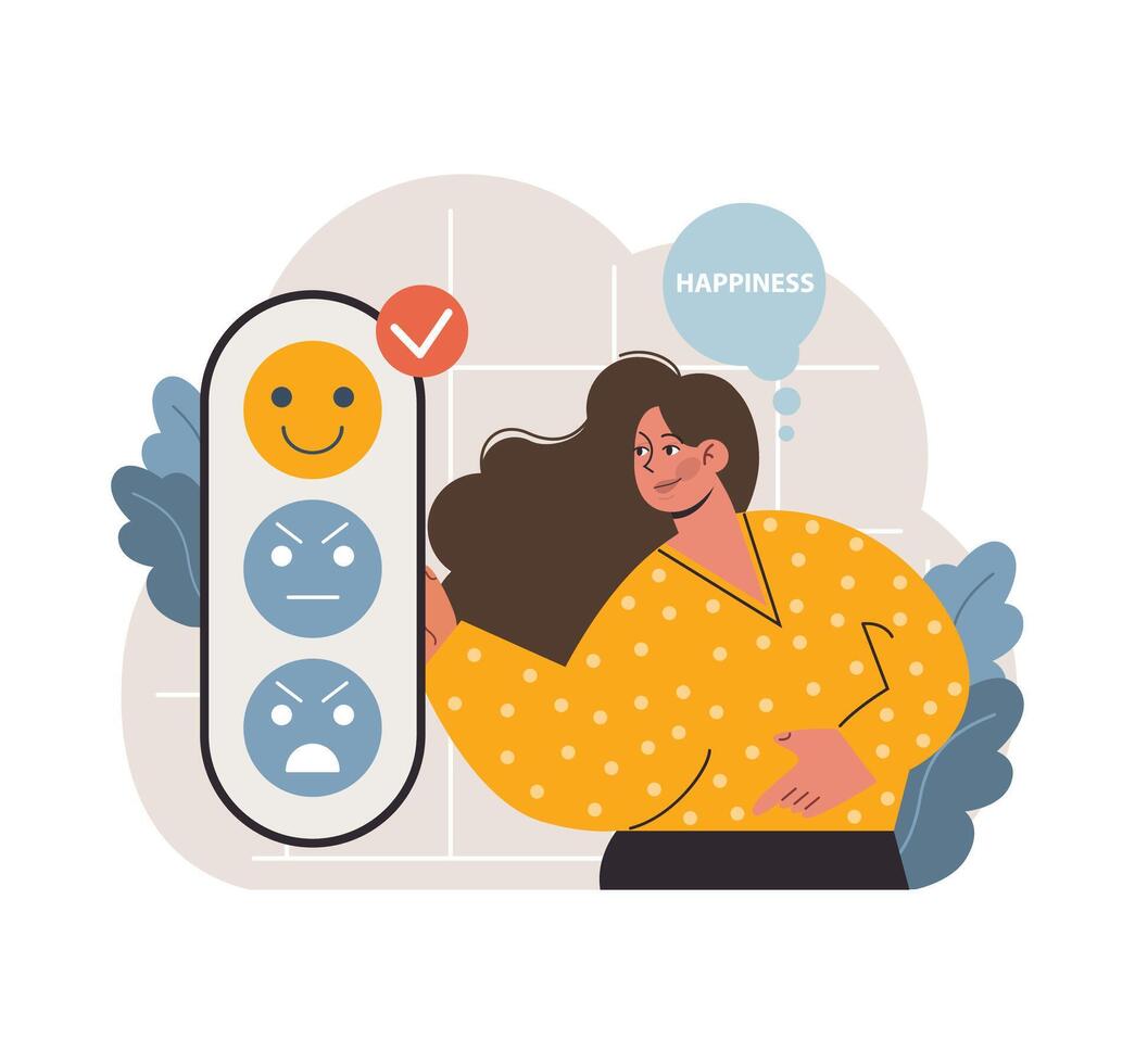 alegre mujer seleccionando un contento cara emojis plano vector ilustración