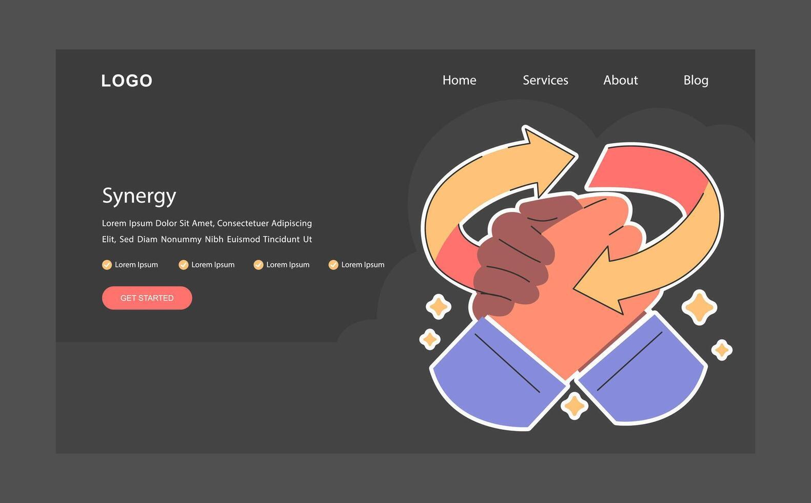 Synergy dark or night mode web, landing. Cooperation for additional vector