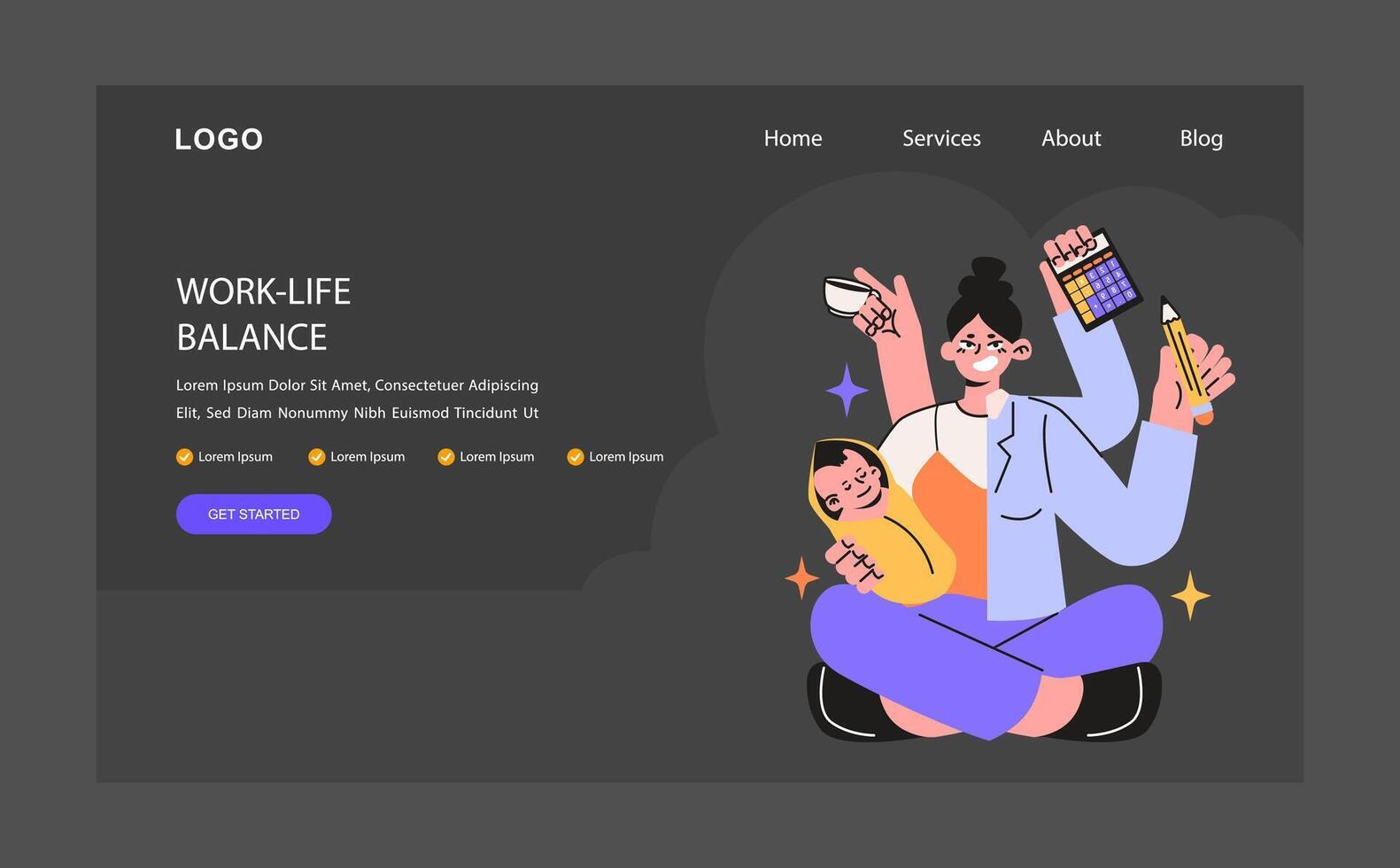 Work-life balance night or dark mode web banner or landing page. vector