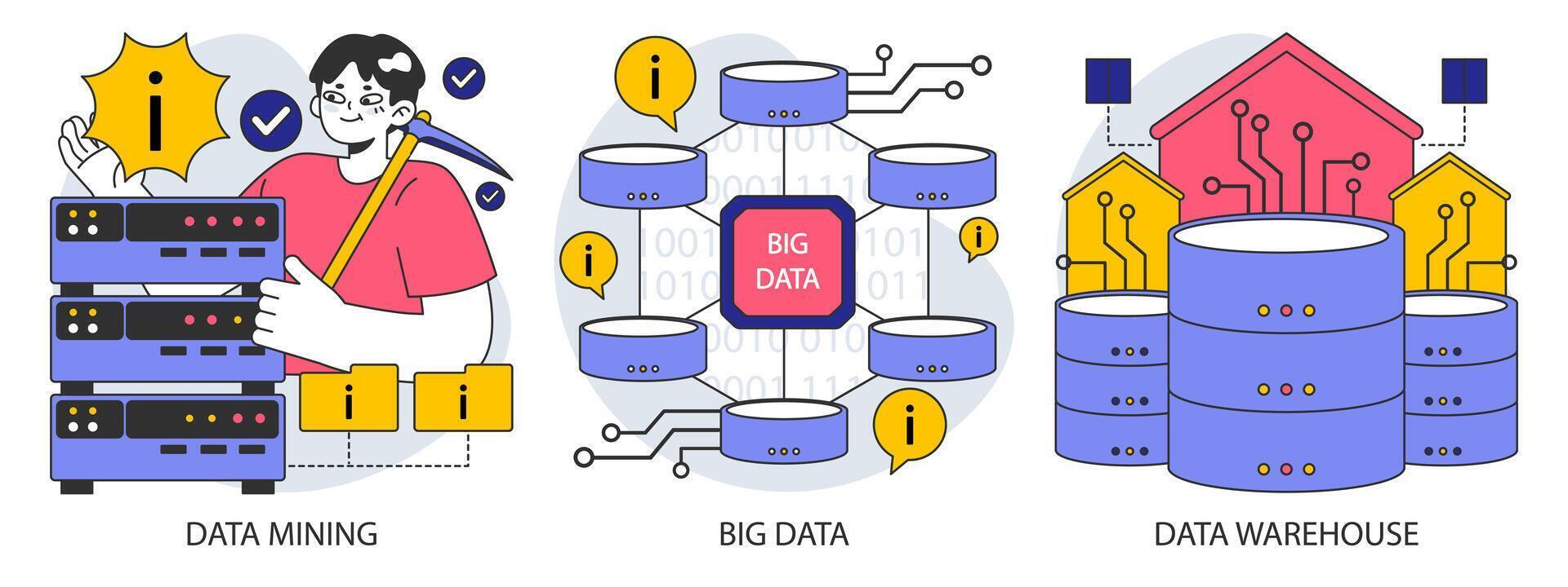 Information management set. Data mining, storage, processing and security vector