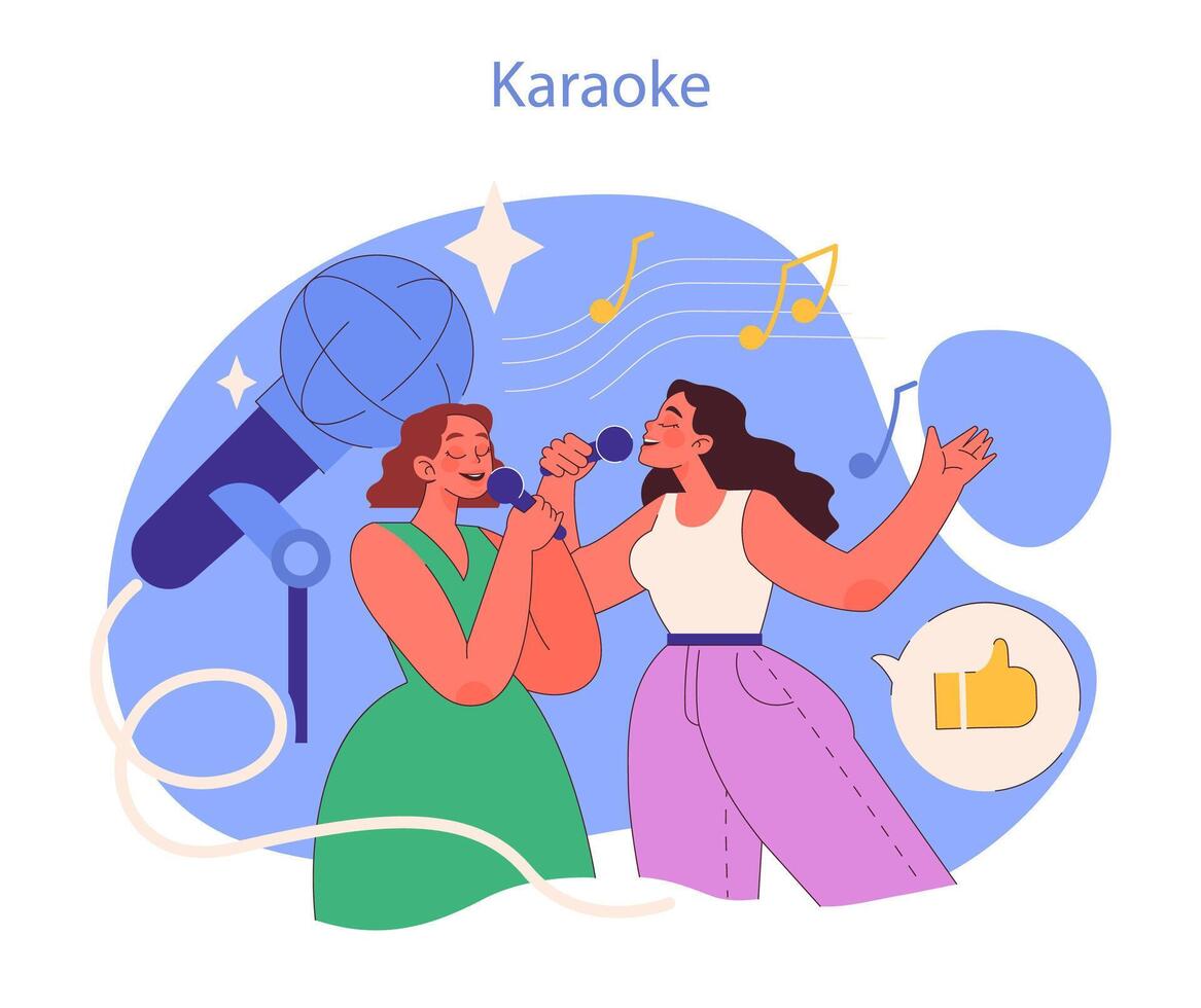 karaoke noche concepto. un dueto de amigos compartiendo un canción, su alegría en melodía vector