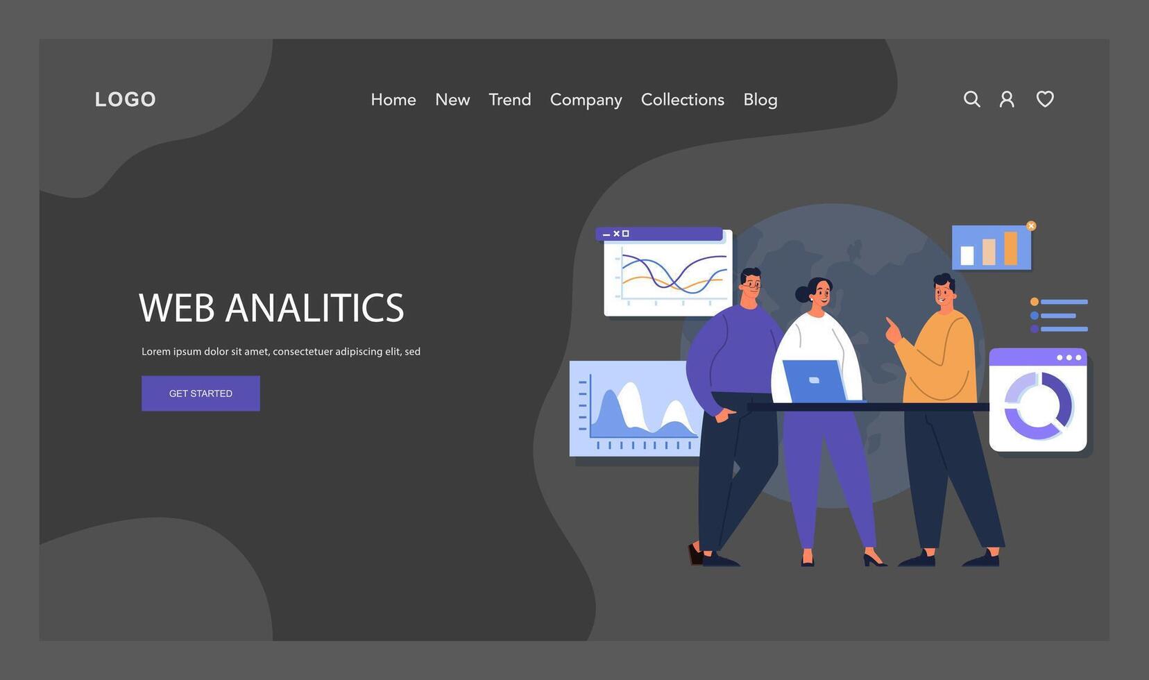 Web Analytics highlighted. Team of three collaborates on website vector