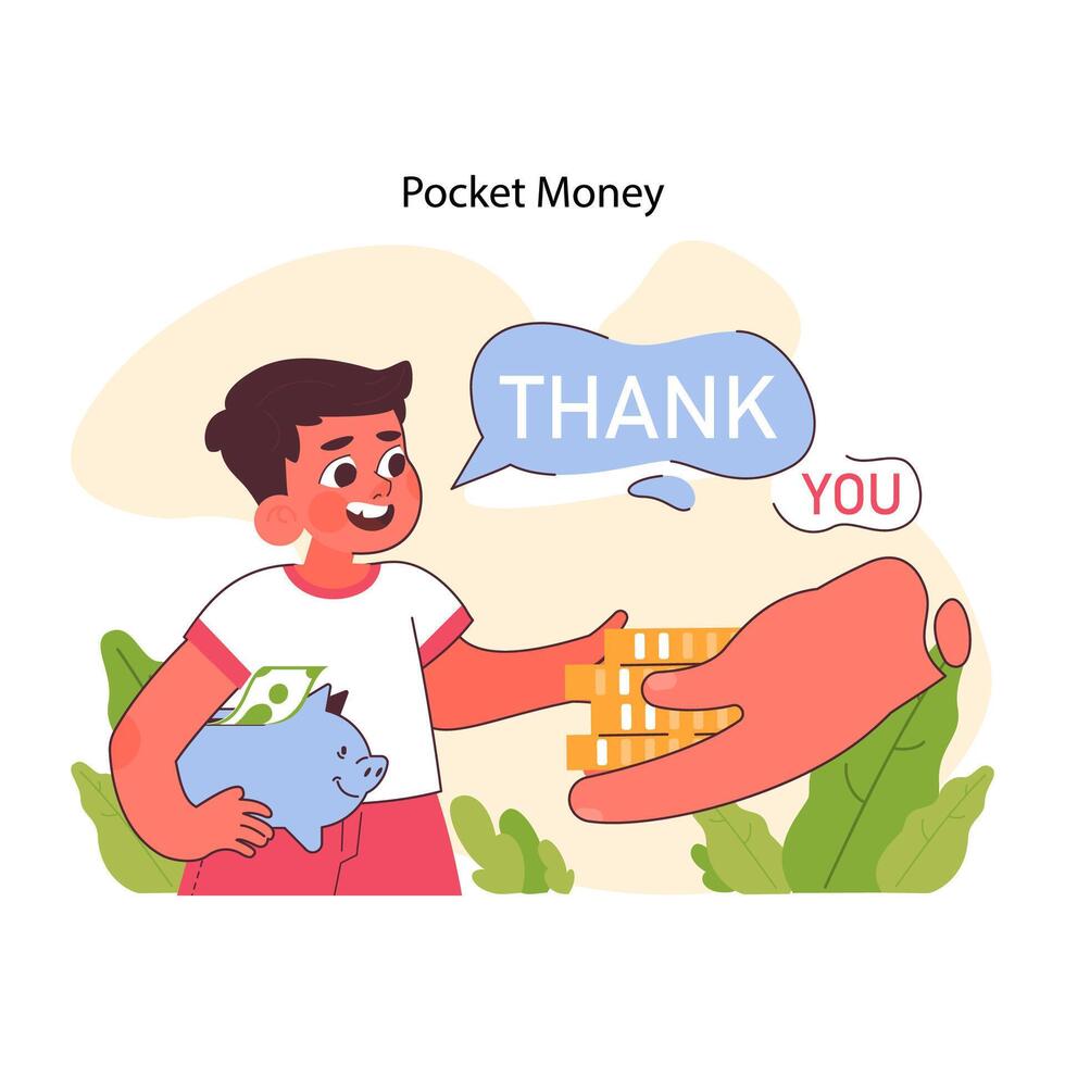 Pocket money concept. Delighted boy receives allowance, expressing vector