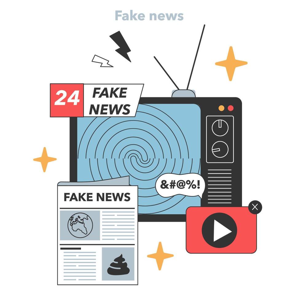 Old-fashioned television broadcasts swirling fake news. vector