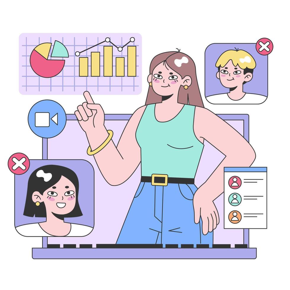 Confident businesswoman analyzes data charts. Flat vector illustration