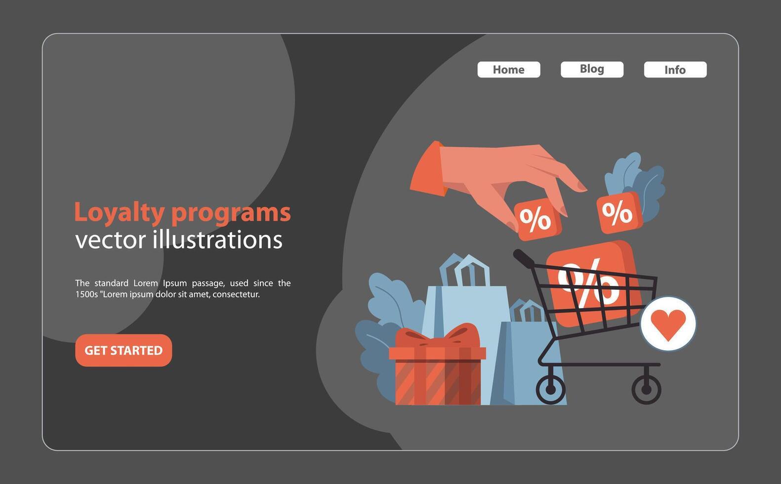 Loyalty programs concept. Hand placing discounts into shopping cart. vector