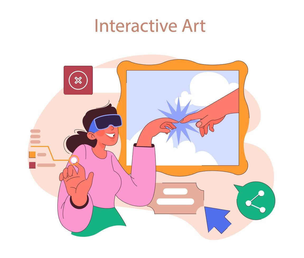 Museum or art gallery. Enthusiastic woman wearing a VR glasses interact vector