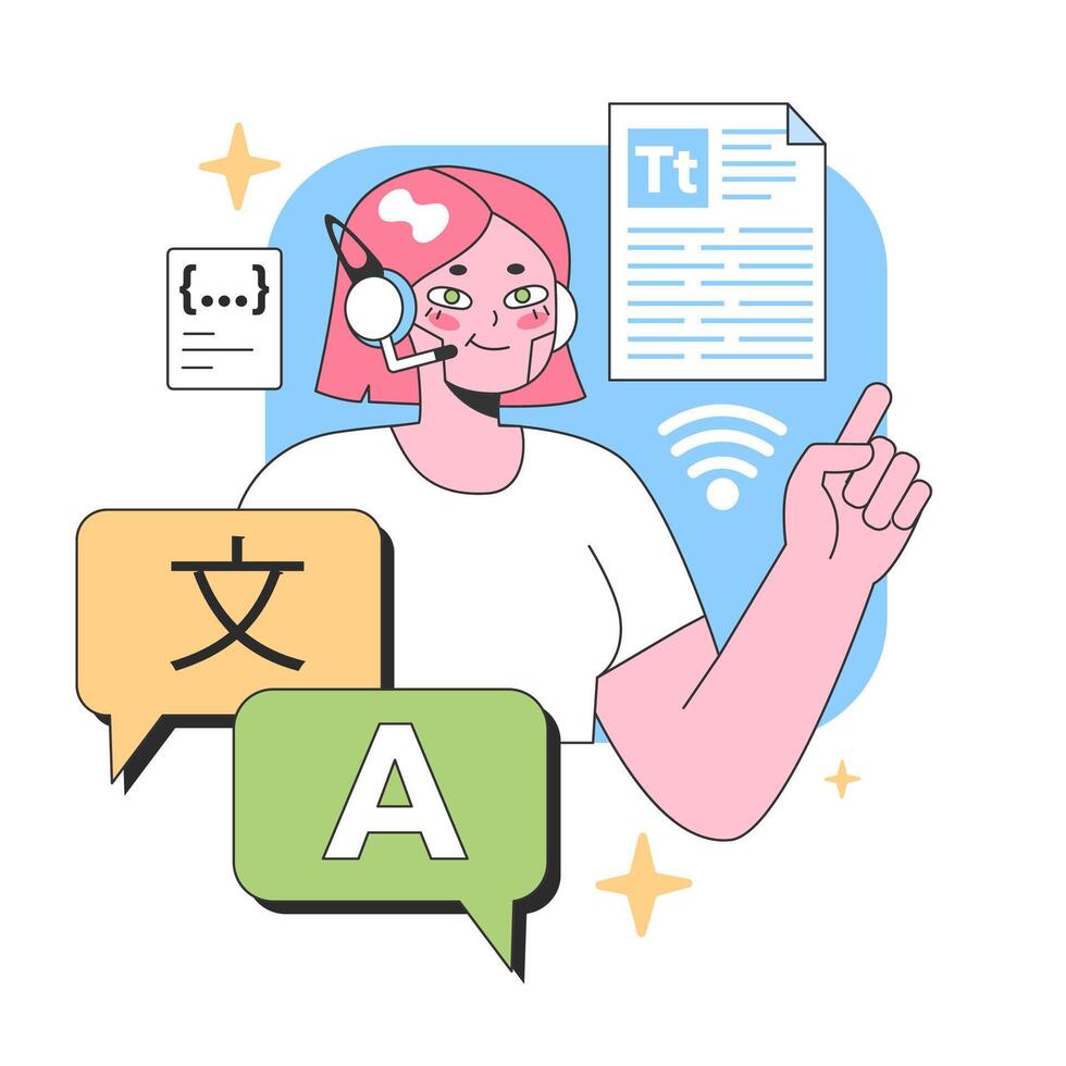 Virtual assistant assists with language. Flat vector illustration
