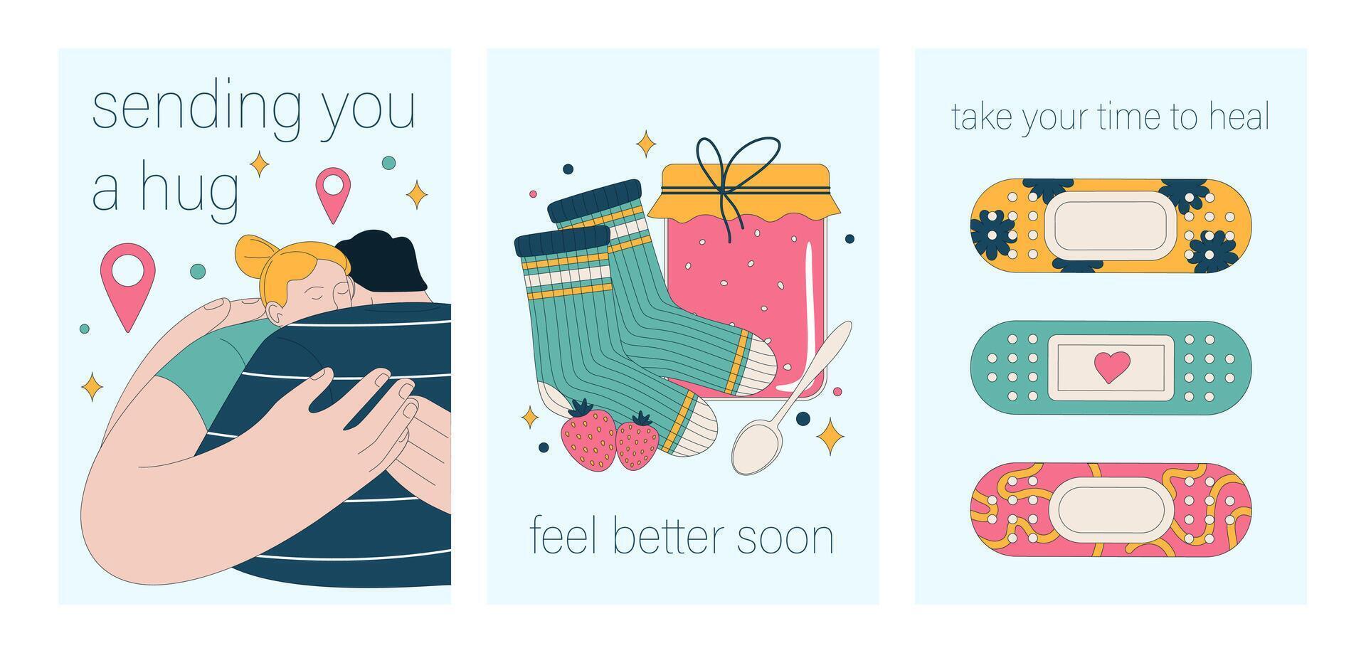 Get well soon card set. Positive and motivational poster with greeting vector
