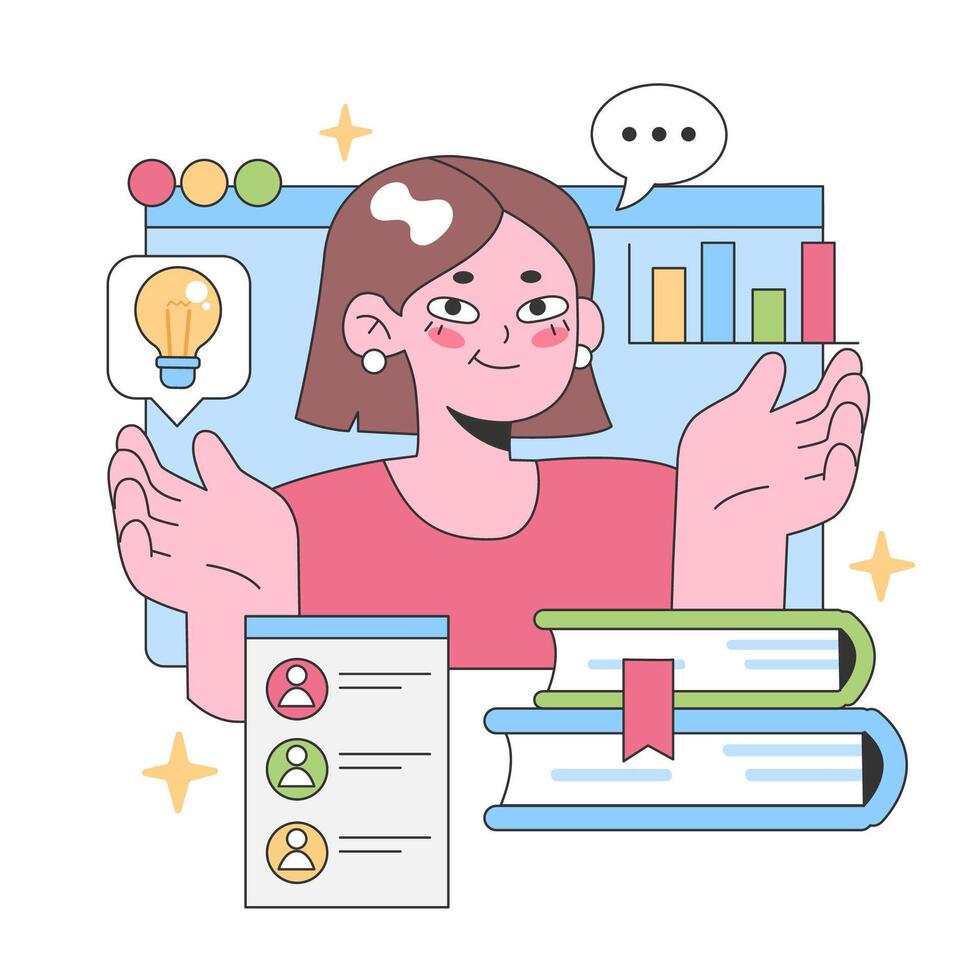 Focused young woman shares a brilliant idea during an online session. Flat vector illustration