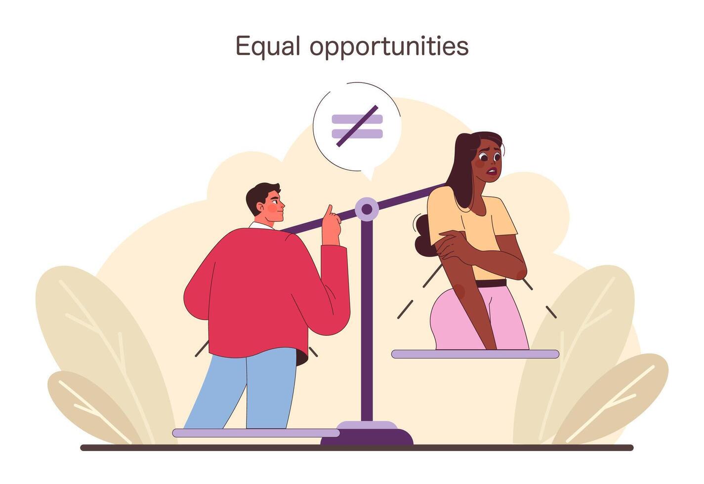 Man and woman on balanced seesaw, advocating for fairness and justice vector