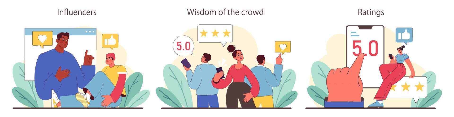 Social Proof concept. Digital influence and community ratings shaping public opinion. vector
