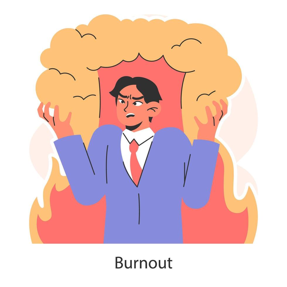 Work burnout. Distressed man overwhelmed by fiery emotions. Mental vector