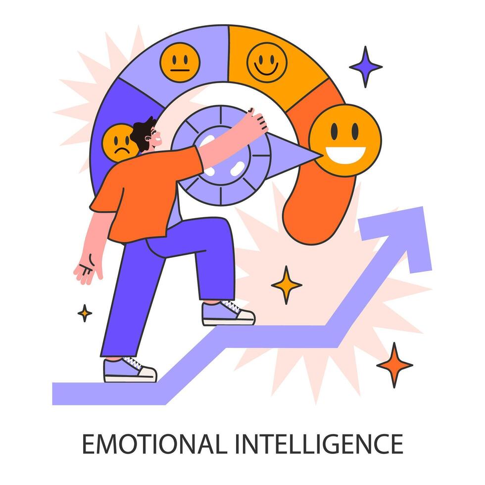 A man navigates his emotional intelligence, adjusting moods on a dynamic vector