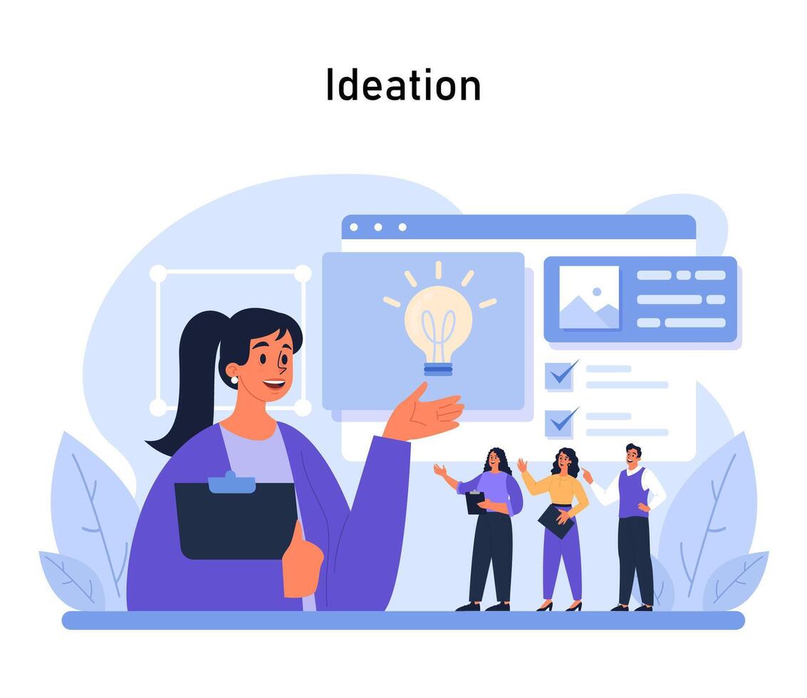 ideación etapa ilustración. un líder regalos un nuevo concepto mientras el equipo contribuye con realimentación vector