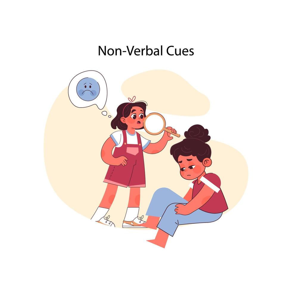 Non-verbal cues concept. Girl with magnifying glass observes distressed vector