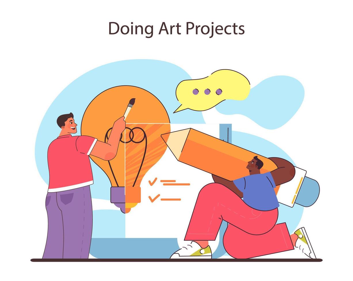 Art projects concept. Creativity flows as friends collaborate on a vibrant piece. vector