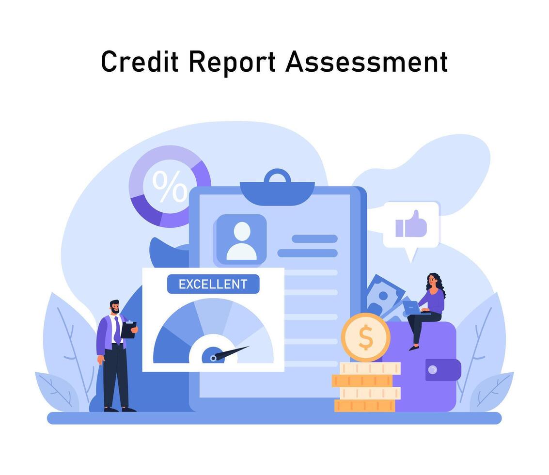 A thorough inspection of financial standing, depicted with an excellent rating on a detailed credit report, alongside monetary symbols vector