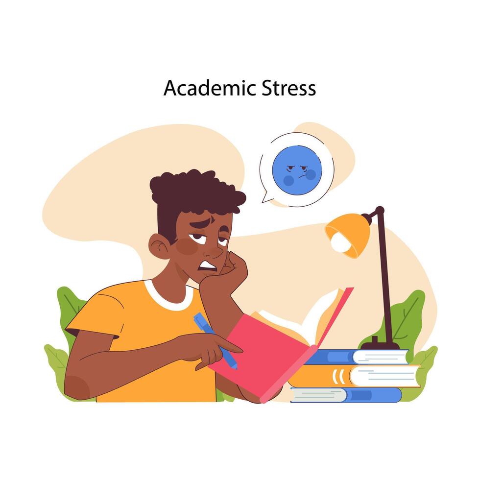Academic stress depiction. Flat vector illustration