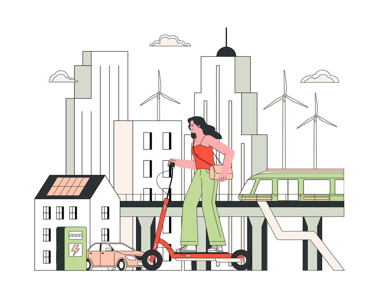 aire calidad conciencia. sostenible urbano transporte. mujer en eléctrico vector