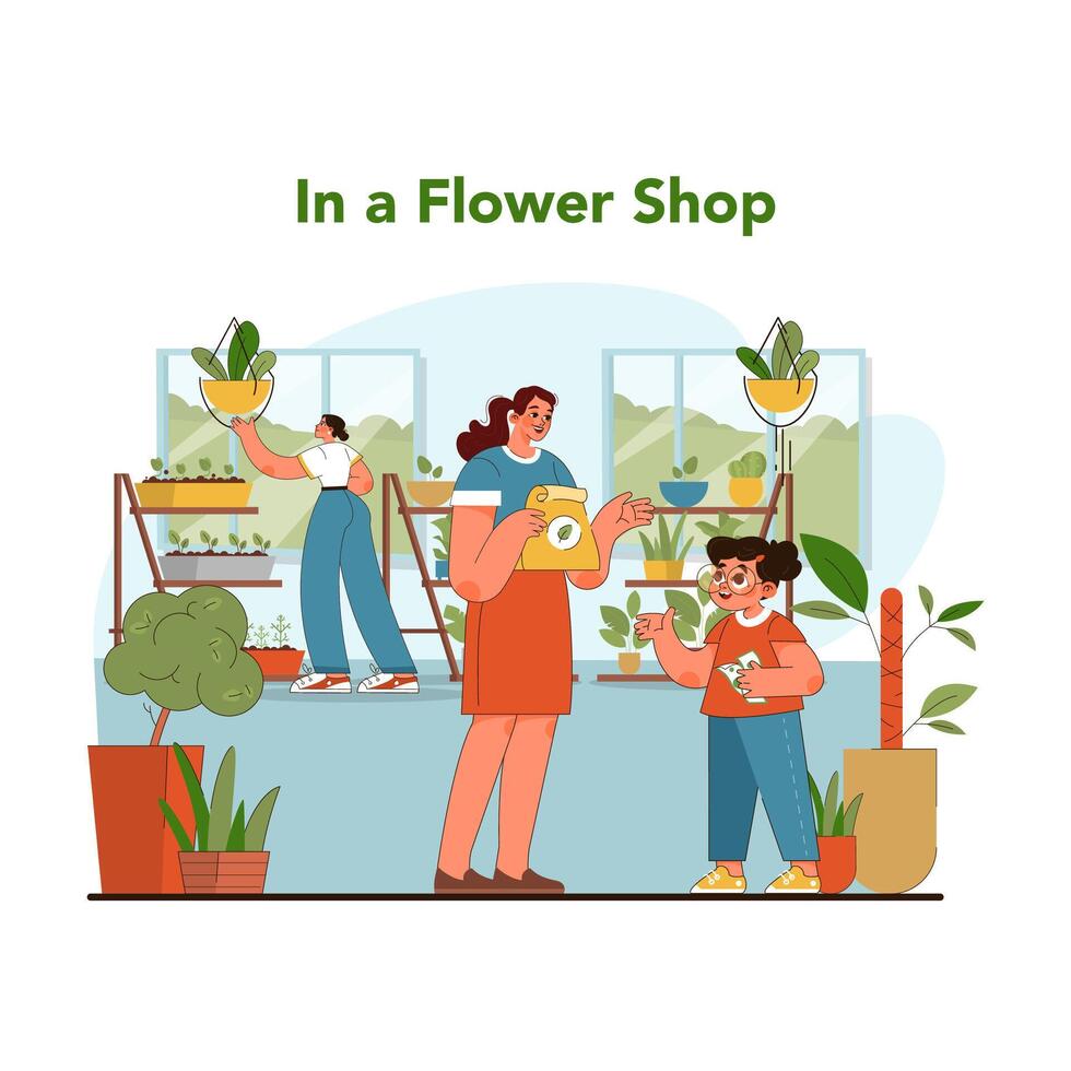 Flower shop discovery. Flat vector illustration