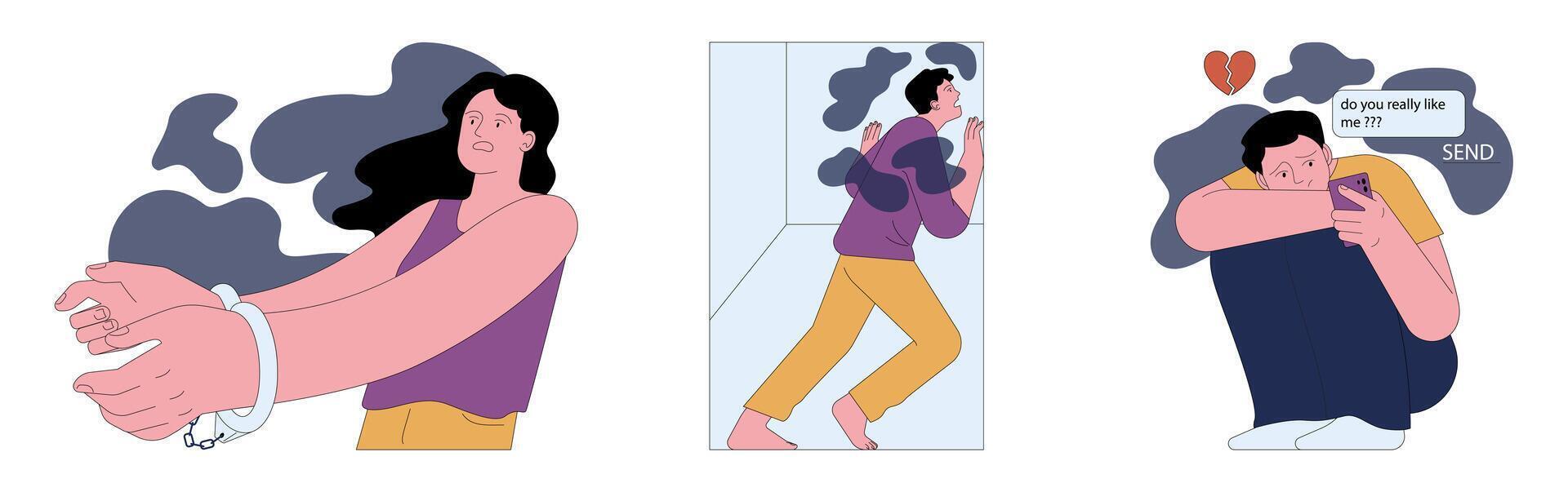 Human fears set. Scared characters confronting personal phobias. Frightened vector