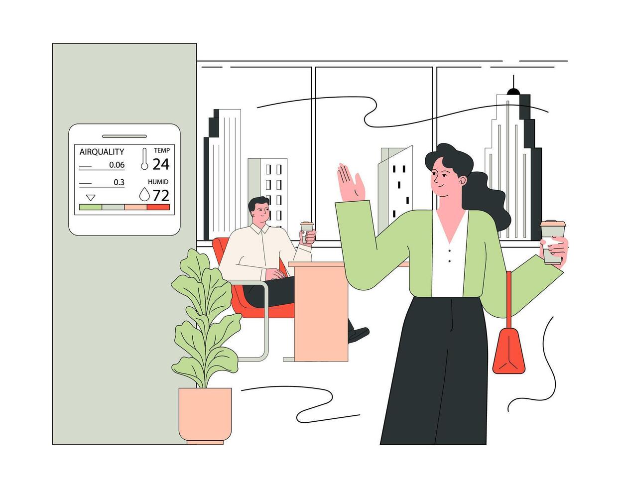 Indoor air quality. Couple enjoying clean air, relaxing at home with an air purifier vector