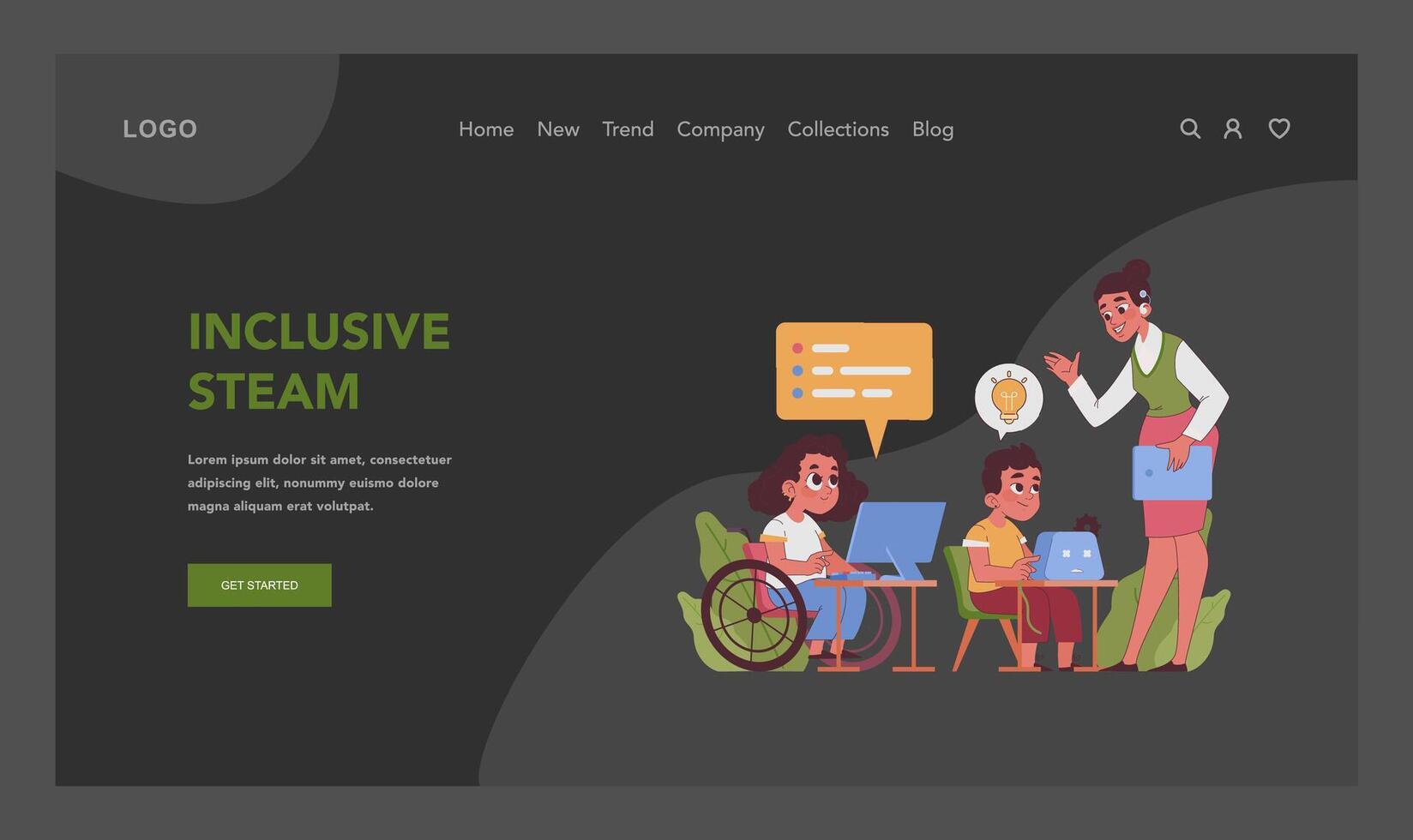 STEAM education web banner or landing page. Schoolers gaining knowledge vector