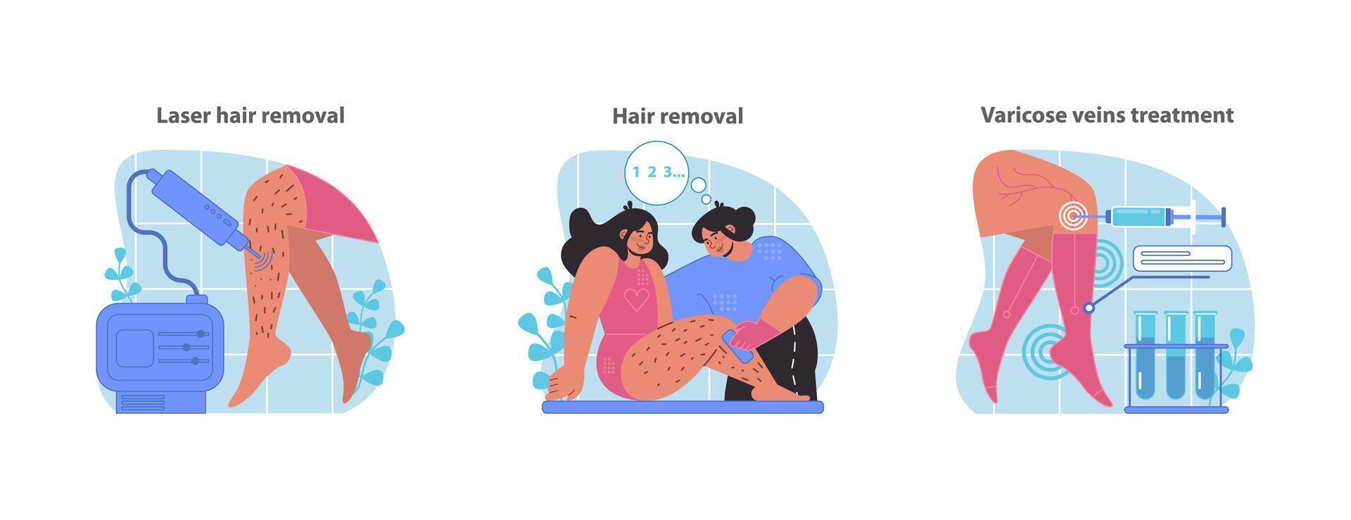 Hair and vein care set. Precision laser hair removal, gentle waxing. vector