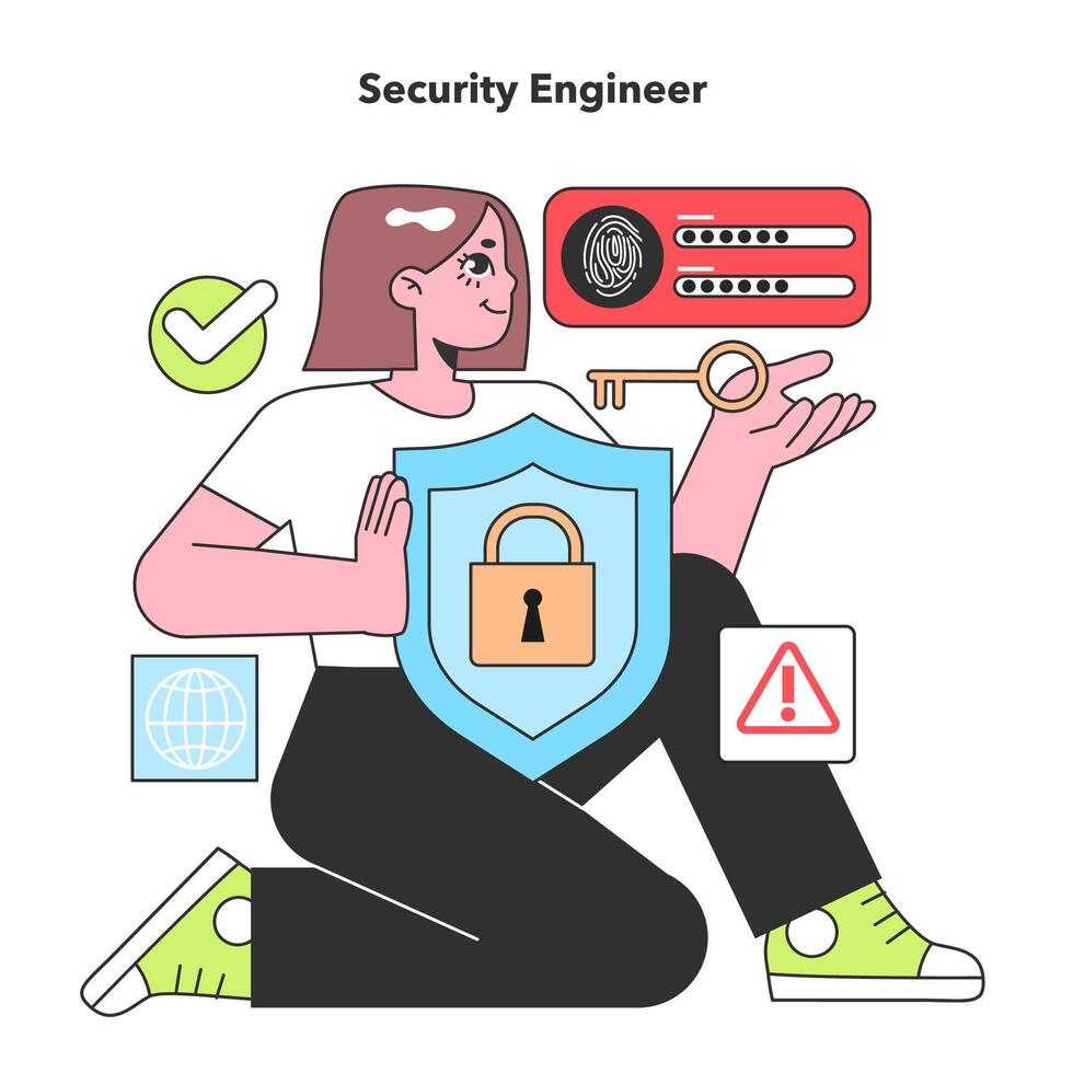 A Security Engineer confidently wields digital protection tools, symbolizing the critical role of cybersecurity in safeguarding IT infrastructure vector