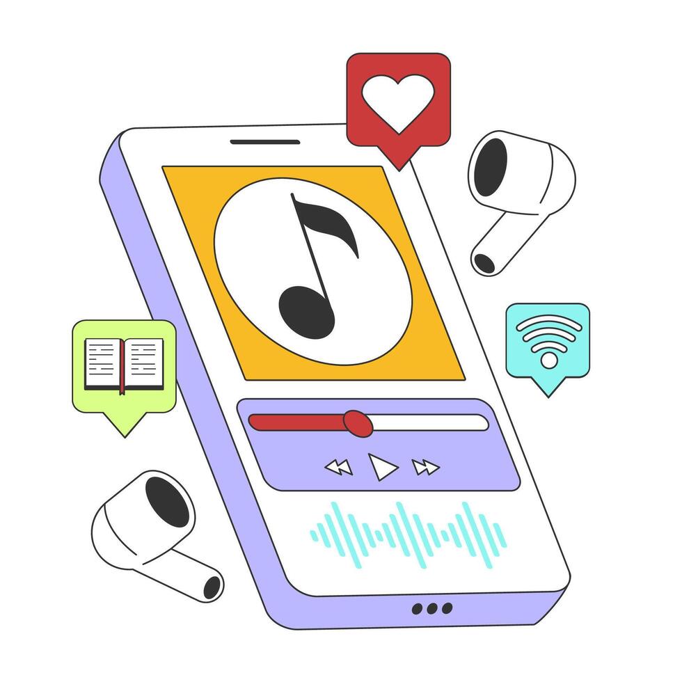 Streaming music service. Smartphone and headphones. Listening to music vector