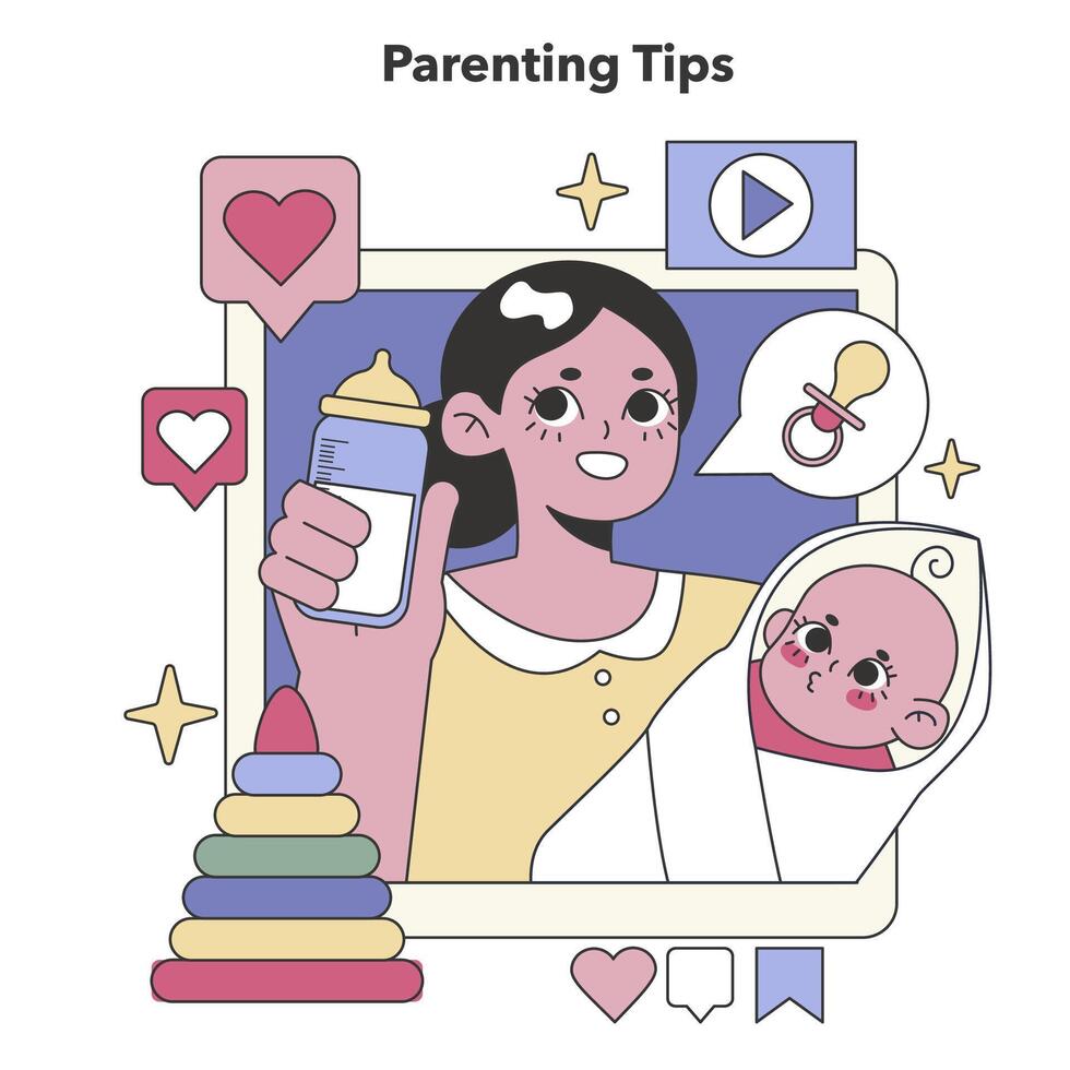 Family Guidance set. Sharing nurturing advice and infant care through digital media. Flat vector illustration