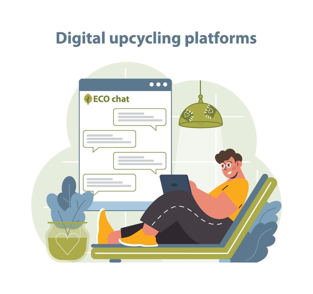Digital Upcycling Platforms Illustration. A person comfortably interacts on an online upcycling community. vector