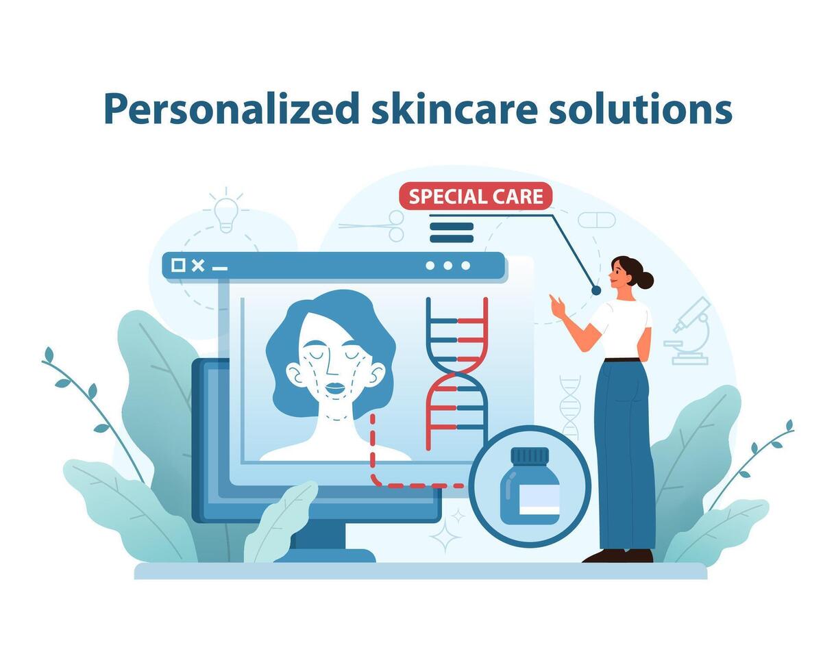 Custom skincare solutions illustration. Genomic precision shaping bespoke beauty treatments. vector