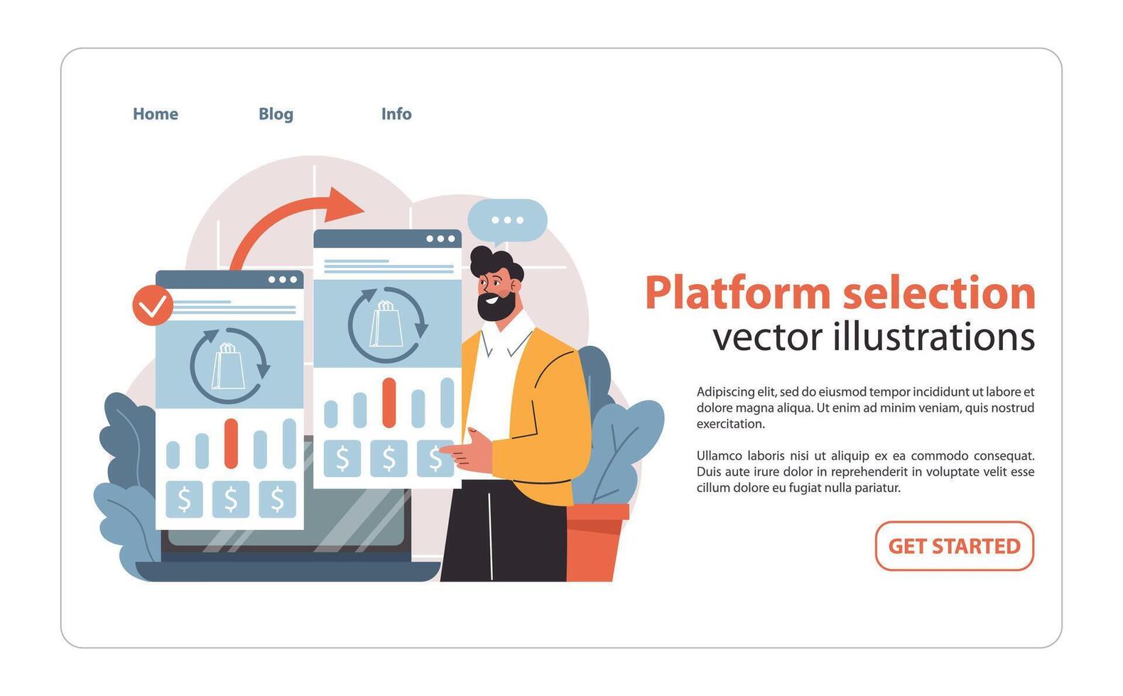 A discerning businessman analyzes metrics on multiple screens. vector