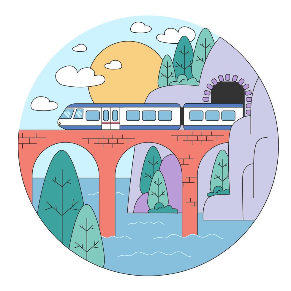 Train trip. Characters traveling by train. Passengers with luggage vector