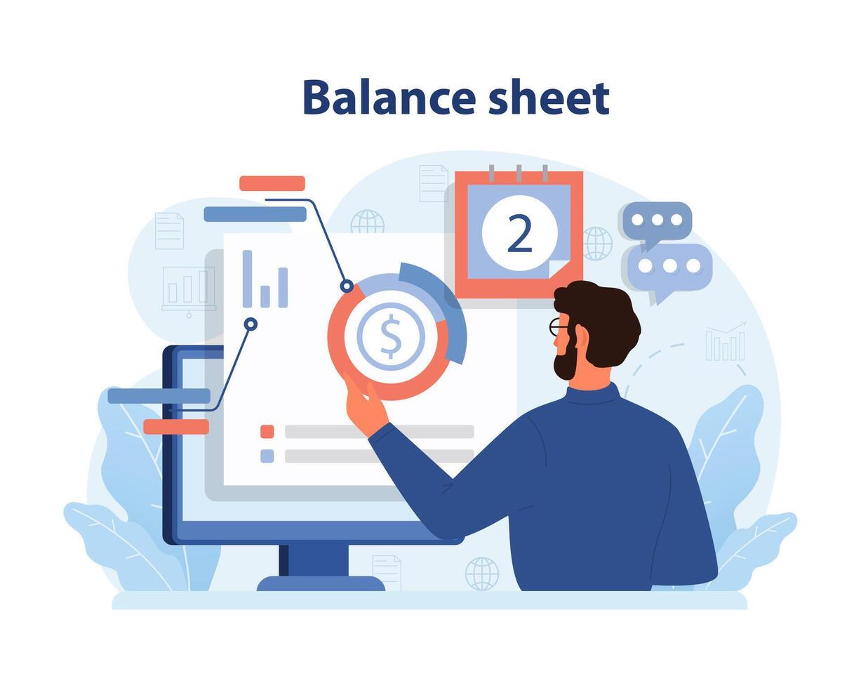 Financial expert analyzing a detailed balance sheet. vector