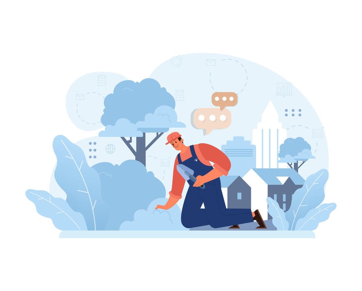 Gardener amidst cityscape. Flat vector illustration