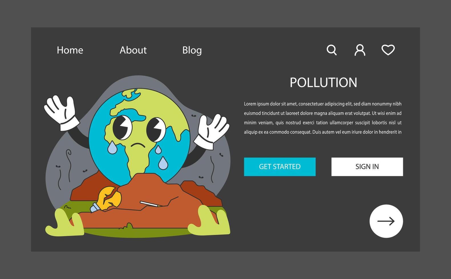 Pollution night or dark mode web banner or landing page. Contamination vector