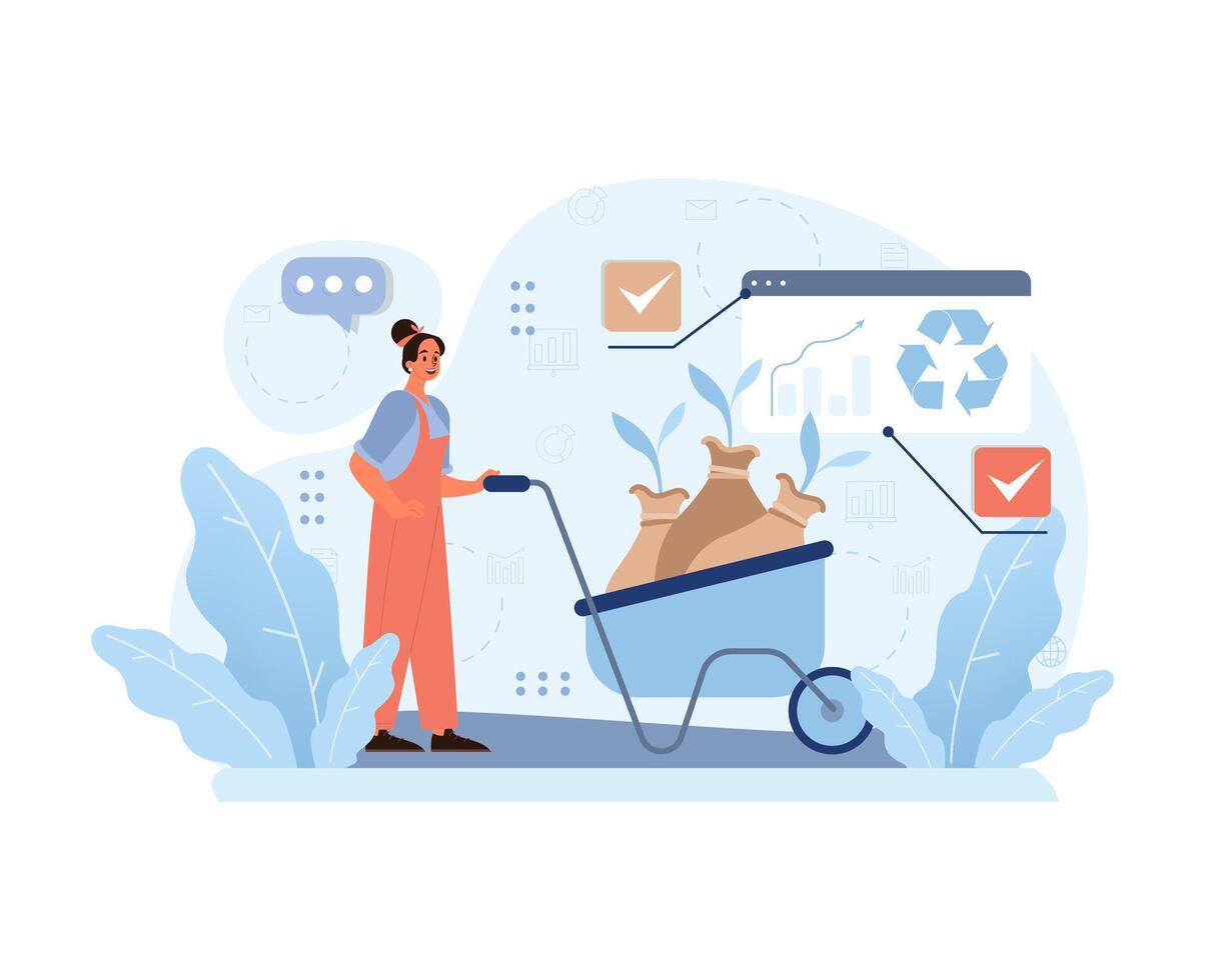 Energetic woman with a wheelbarrow of compost. Flat vector illustration