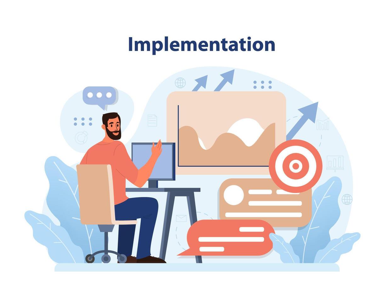 eficiente implementación en acción. plano vector ilustración