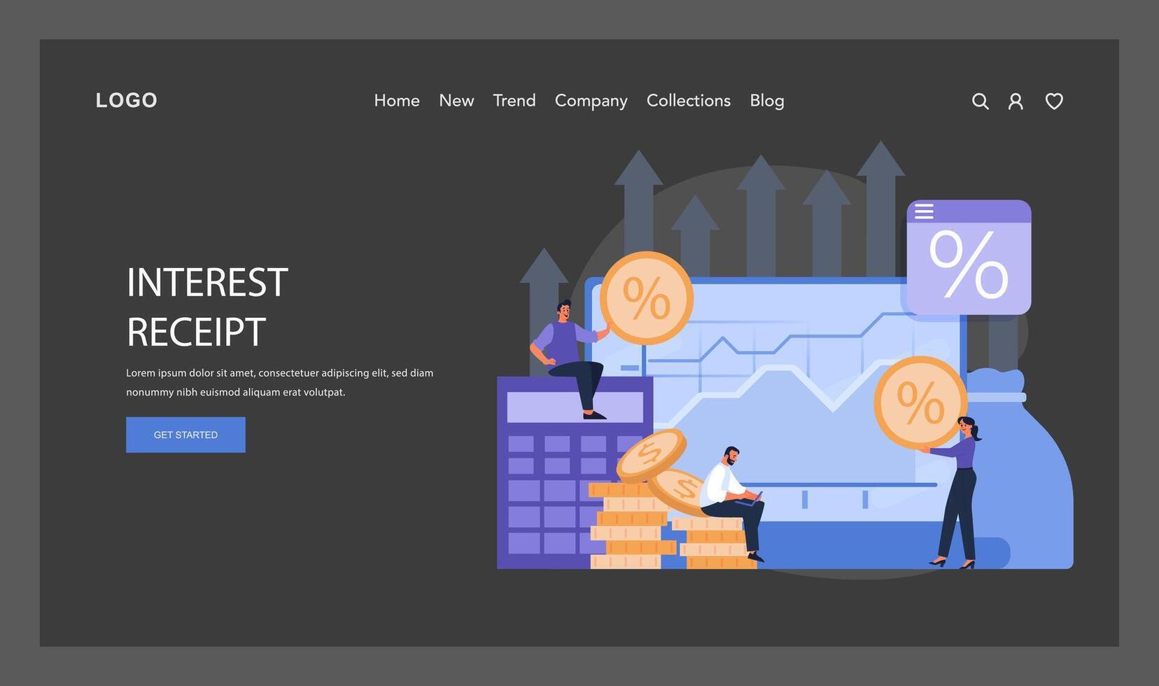 Interest Receipt dark or night mode web, landing. Maximizing earnings vector