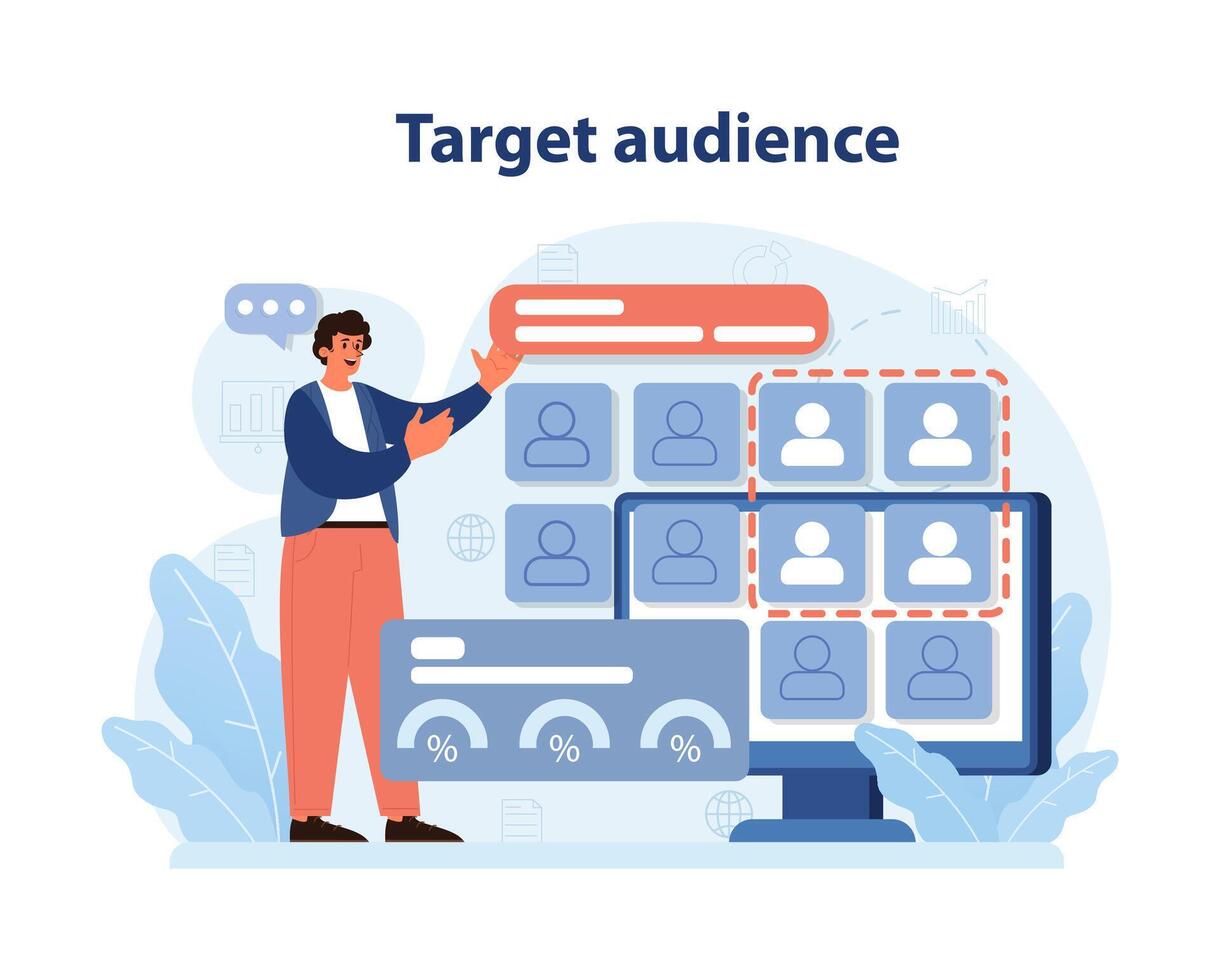 Enthusiastic marketer selecting his target audience. Flat vector illustration