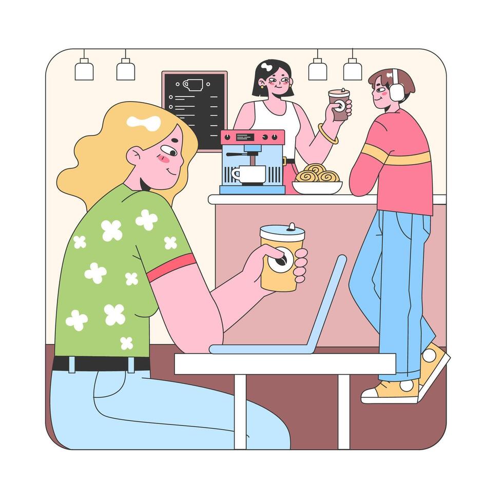 Cafe workspace vibe. Flat vector illustration.