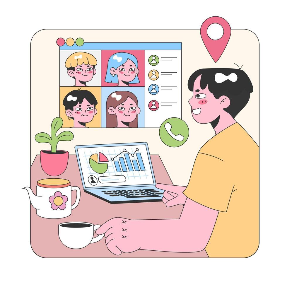 Remote team collaboration. Flat vector illustration