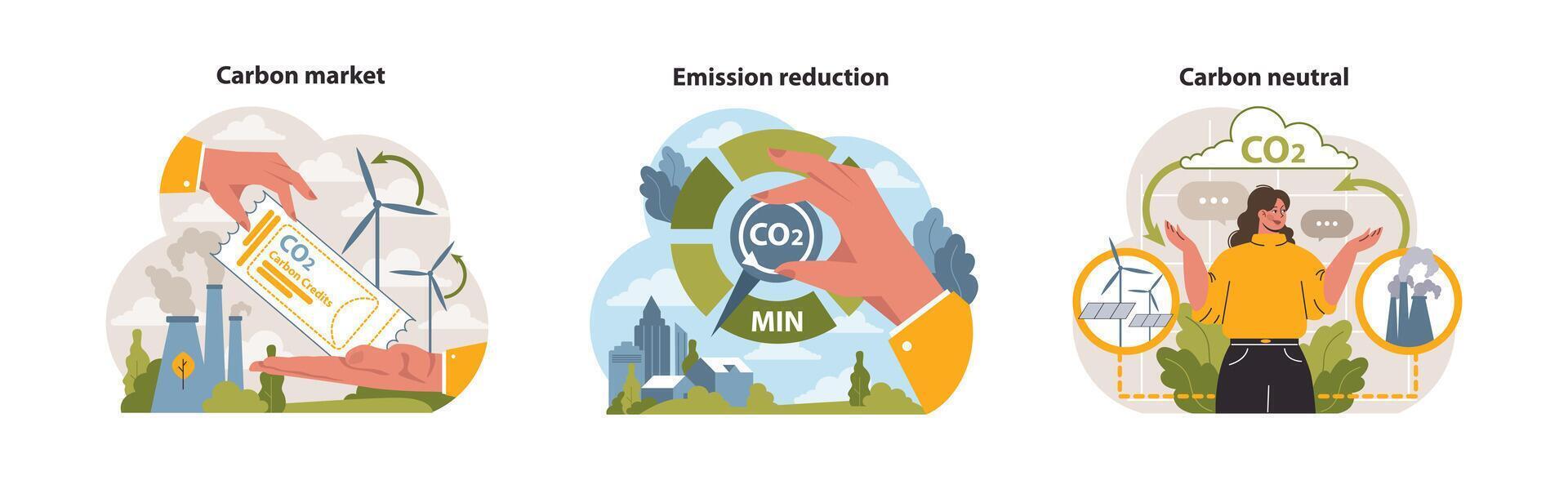 Climate action set. Hands minimizing emissions, a carbon credit ticket for trading. vector