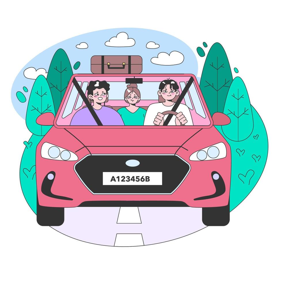 Road trip. Young people or family going on vacation by a car. vector