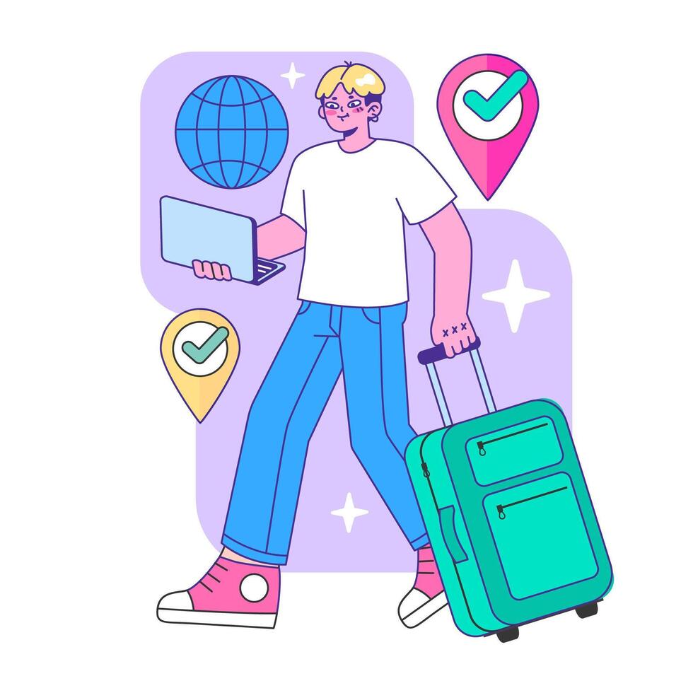 Confident traveler strides forward. Flat vector illustration.